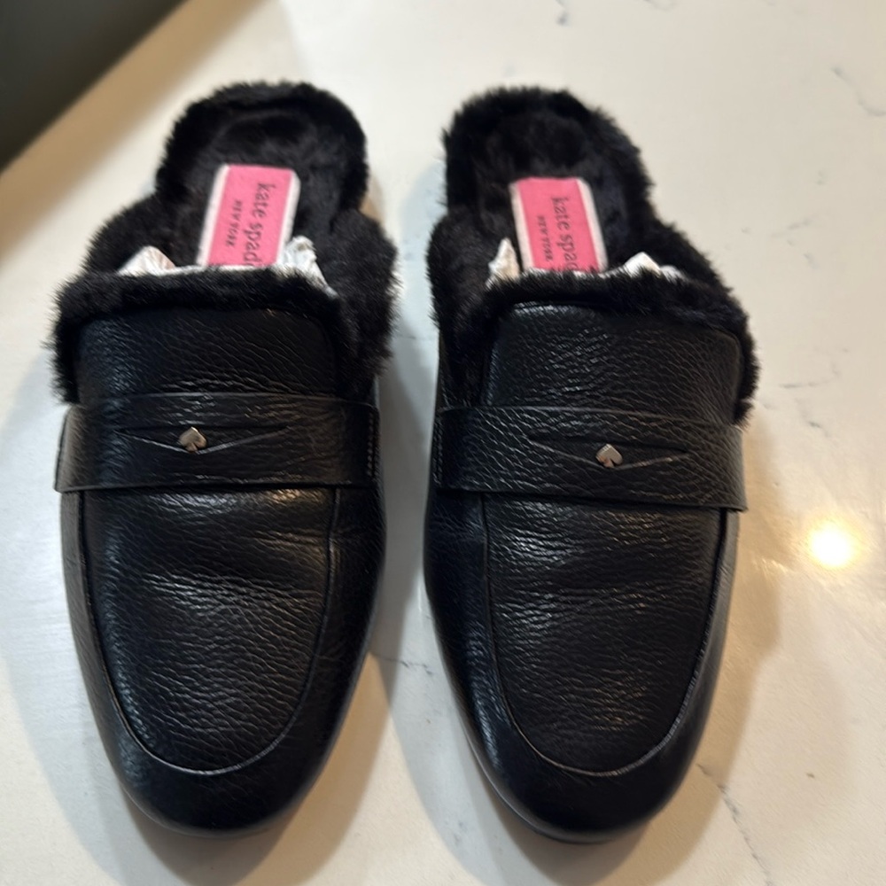 Kate Spade Fur Lined Leather Slides, Black, size 7.5 only used once.